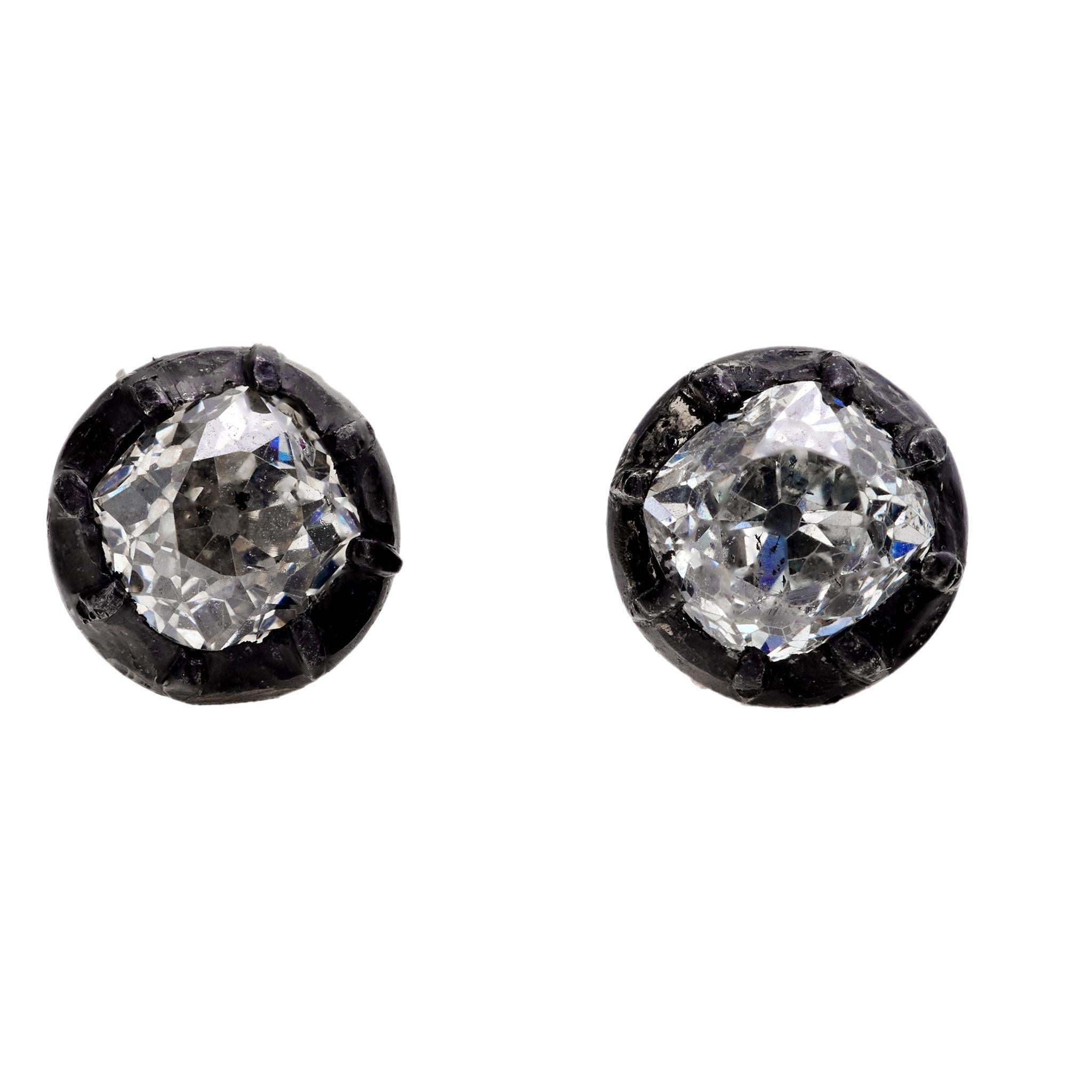 Antique 2.30 carat total weight diamond 14k rose gold stud earrings For Sale