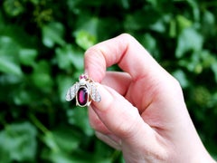 Antique 2.31ct Garnet, Diamond, Ruby and Pearl Gold Insect Buttonhole Brooch