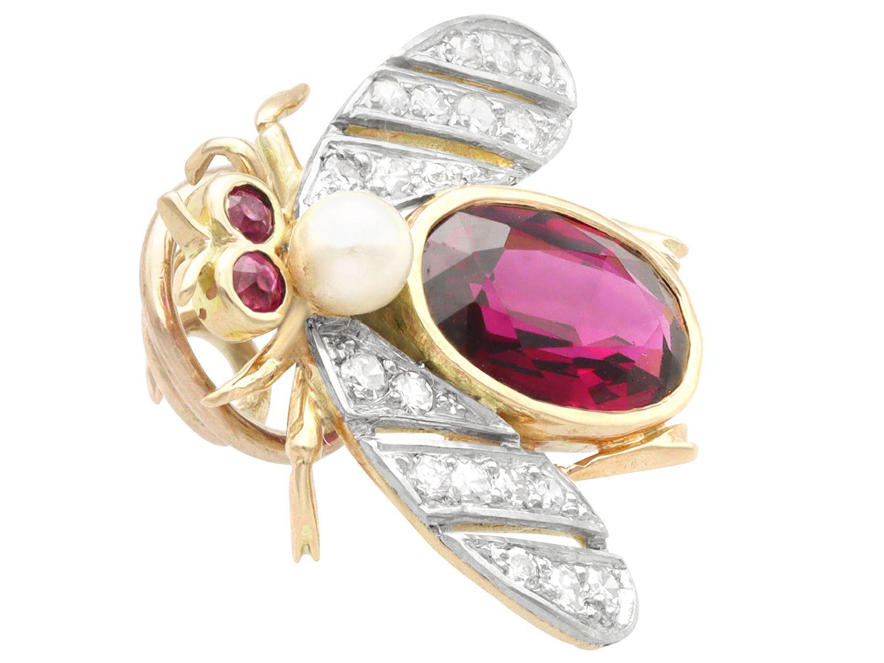 Oval Cut Antique 2.31ct Garnet, Diamond, Ruby and Pearl Gold Insect Buttonhole Brooch For Sale