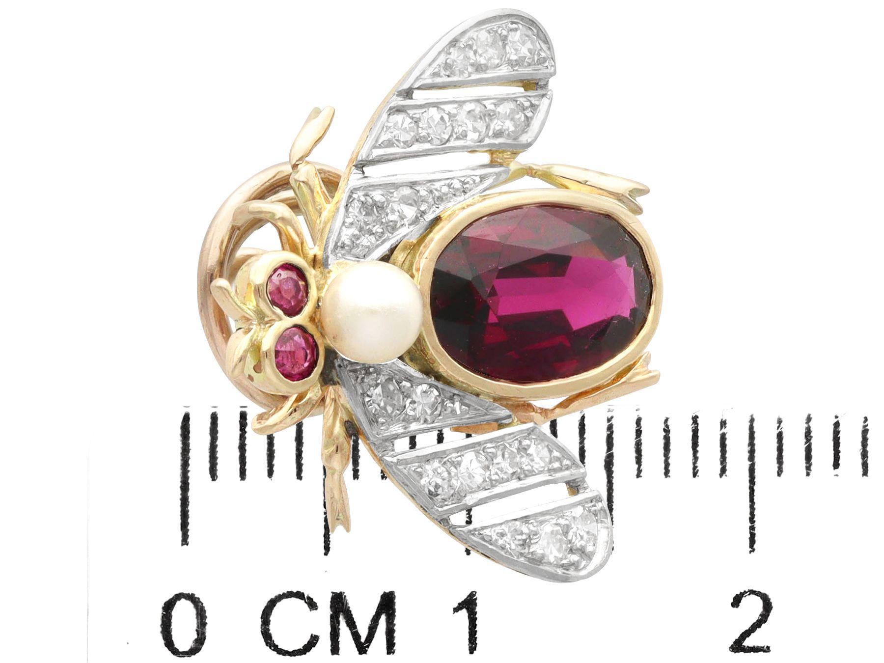 Women's or Men's Antique 2.31ct Garnet, Diamond, Ruby and Pearl Gold Insect Buttonhole Brooch For Sale