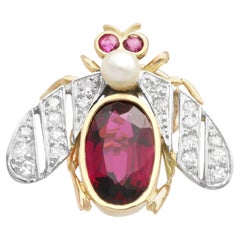 Antique 2.31ct Garnet, Diamond, Ruby and Pearl Gold Insect Buttonhole Brooch