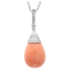 Antique 23.20 Carat Coral, 0.45Carat Diamond and Platinum Pendant Circa 1915