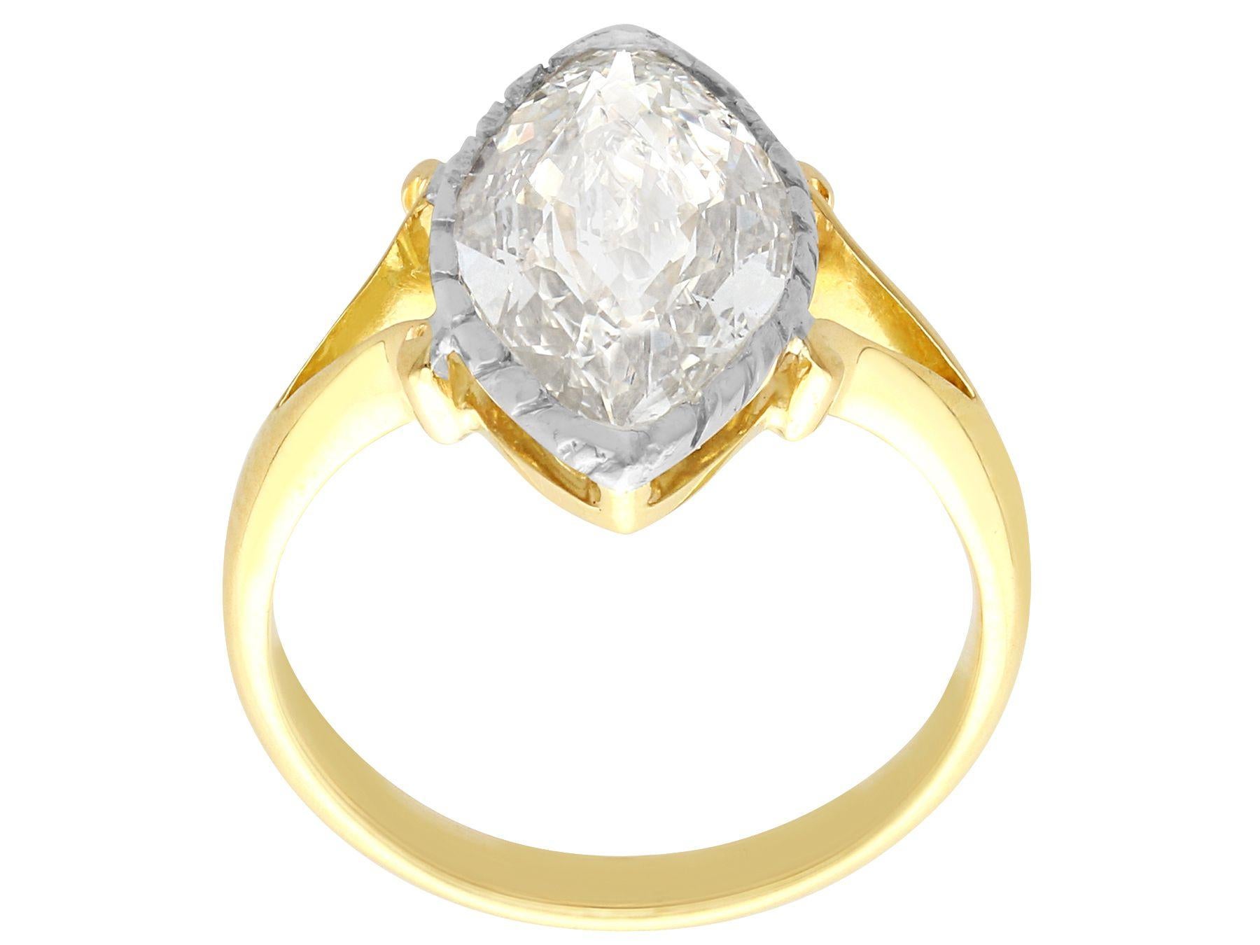 Marquise Cut Antique 2.35 Carat Diamond and Yellow Gold Solitaire Ring, Circa 1900