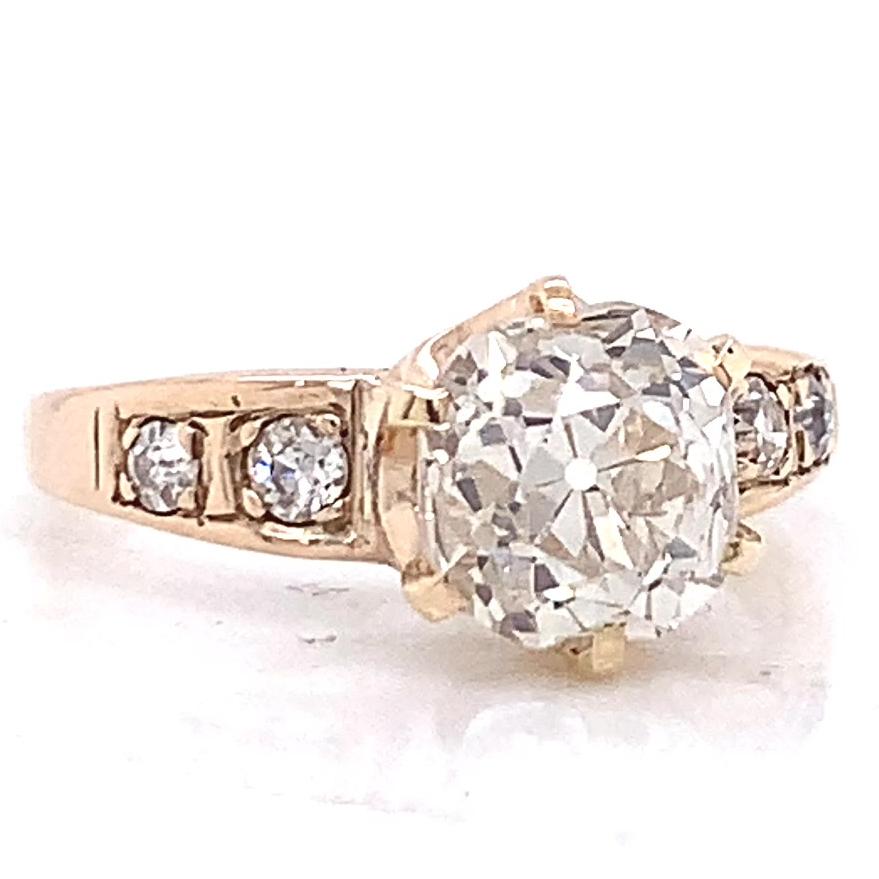Women's or Men's Antique 2.38 Carat Old Mine Cut Diamond Yellow Gold Engagement Ring
