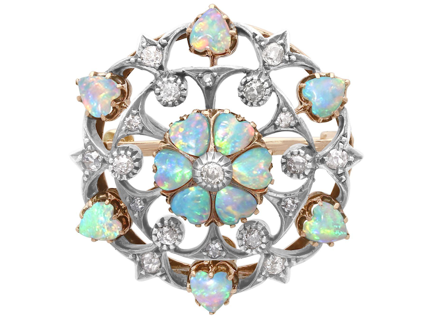 Heart Cut Antique 2.38 Carat Opal and Diamond Yellow Gold Pendant Brooch, 1880s For Sale