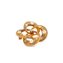 Antique 23K Gold Old European Cut Diamond White Green Enamel Flower PIN Brooch