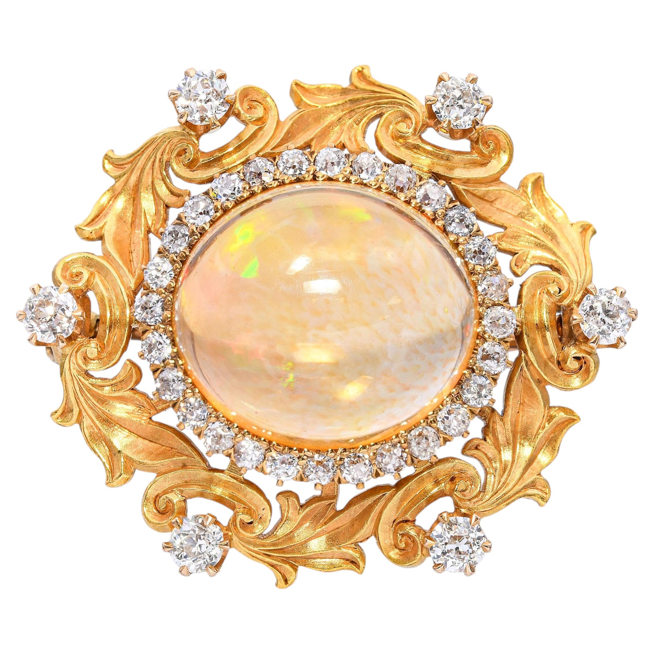 Antique 23k Yellow Gold Art Nouveau 7.43ct Fire Opal & Old Euro Diamond Brooch