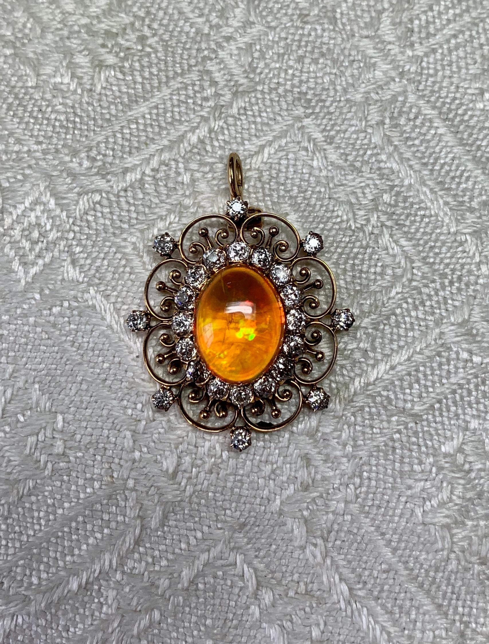 Old Mine Cut Antique 2.4 Carat Opal 2 Carat OMC Diamond Pendant Victorian 14 Karat Gold