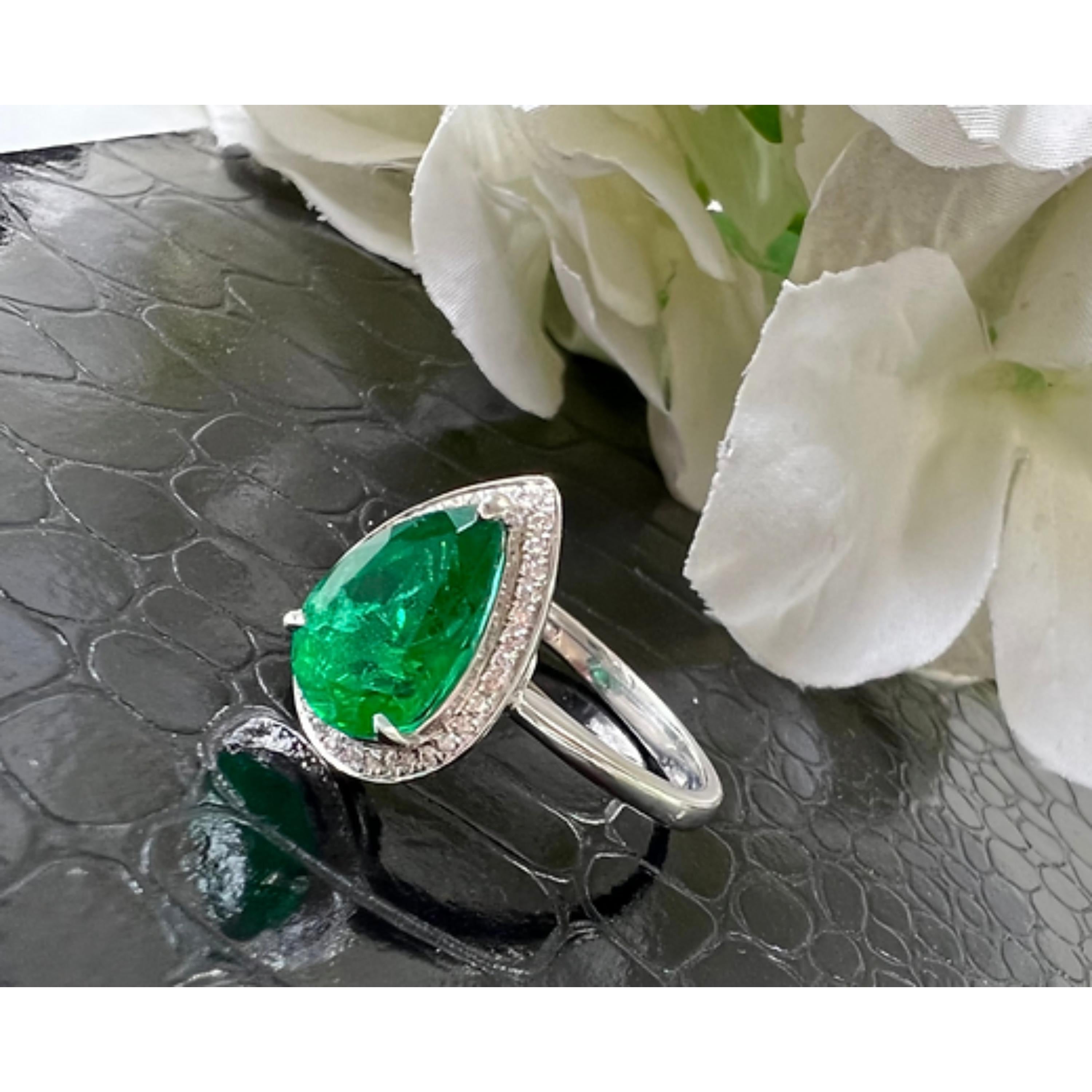 For Sale:  Art Deco Pear Cut 4 CT Certified Emerald Diamond Engagement Ring in 18K Gold 4