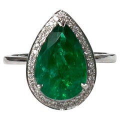 Art Deco Pear Cut 4 CT Certified Emerald Diamond Engagement Ring in 18K Gold