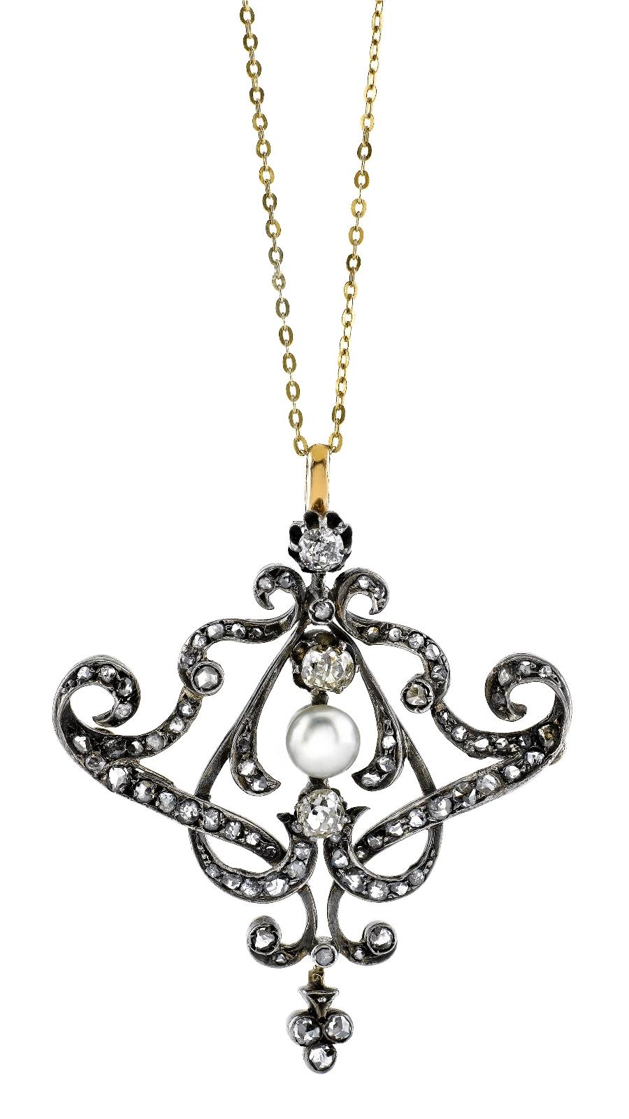 Victorian Antique 2.40 Carat Old Mind Cut Diamonds and Natural Pearl Pendant