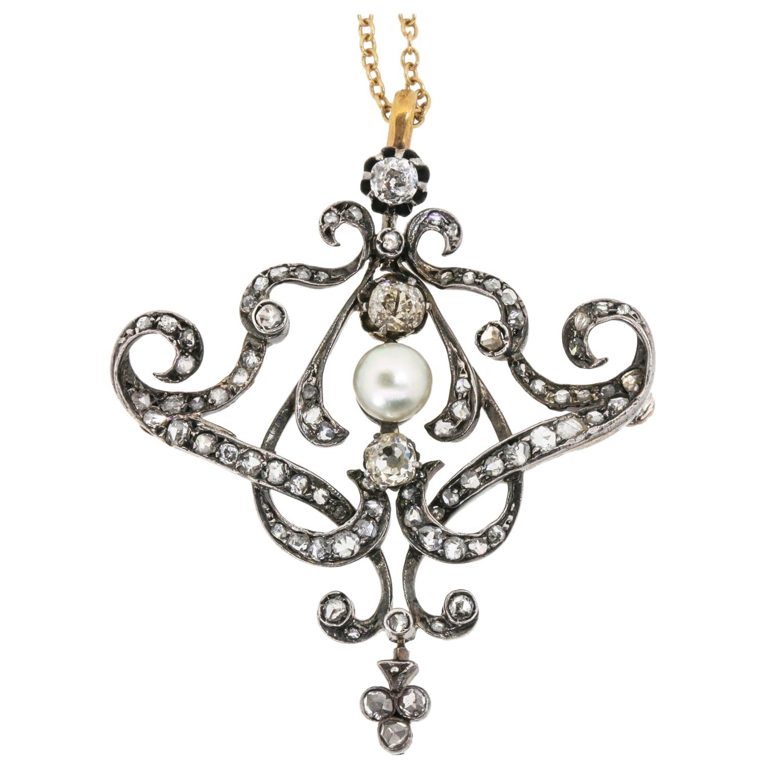Antique 2.40 Carat Old Mind Cut Diamonds and Natural Pearl Pendant