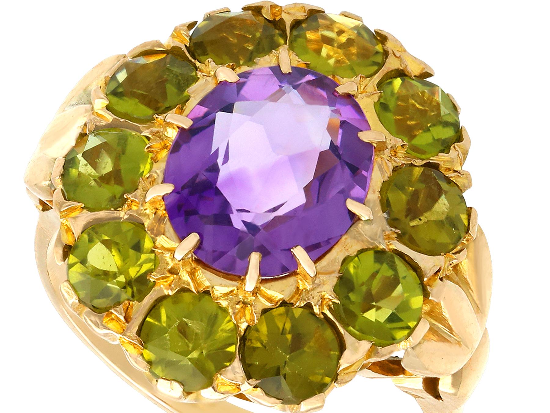 Victorian 2.41 Carat Amethyst and 2.56 Carat Peridot Yellow Gold Cocktail Ring Circa 1890 For Sale