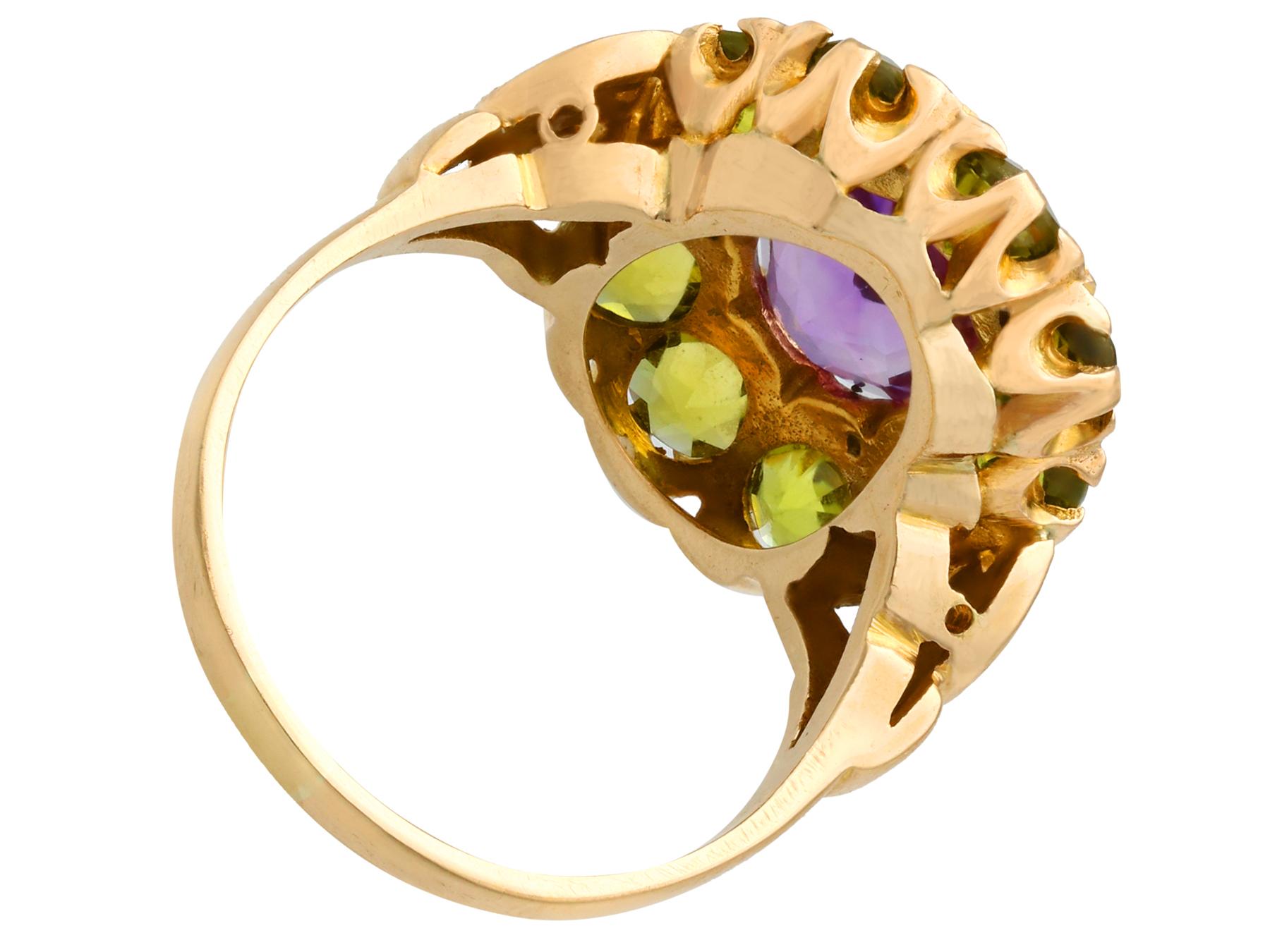 Oval Cut 2.41 Carat Amethyst and 2.56 Carat Peridot Yellow Gold Cocktail Ring Circa 1890 For Sale