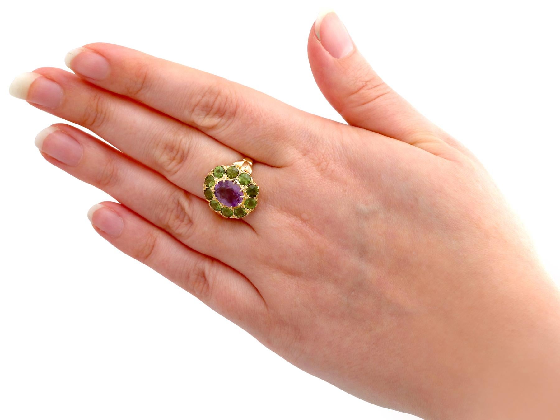 Women's 2.41 Carat Amethyst and 2.56 Carat Peridot Yellow Gold Cocktail Ring Circa 1890 For Sale