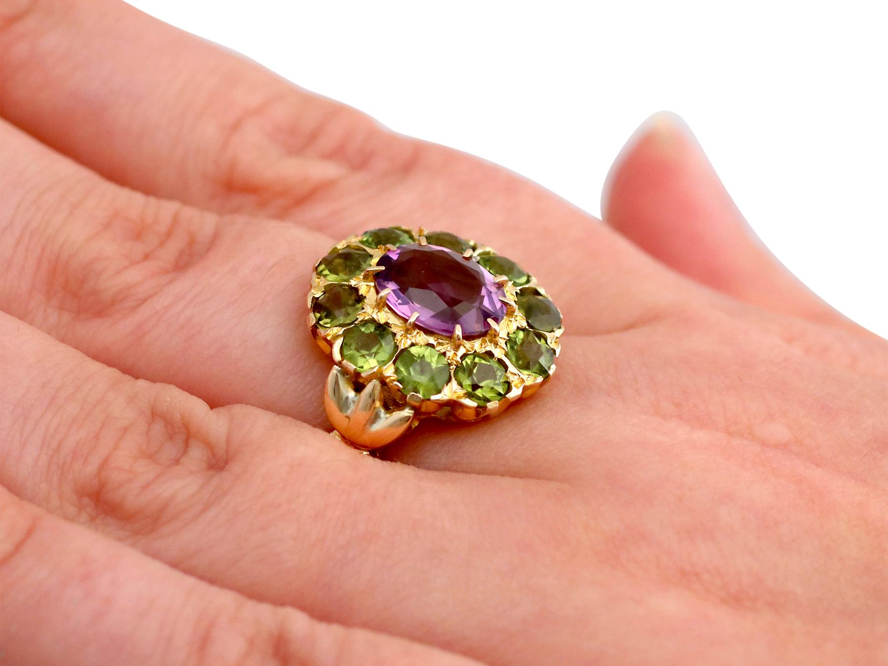 2.41 Carat Amethyst and 2.56 Carat Peridot Yellow Gold Cocktail Ring Circa 1890 For Sale 1