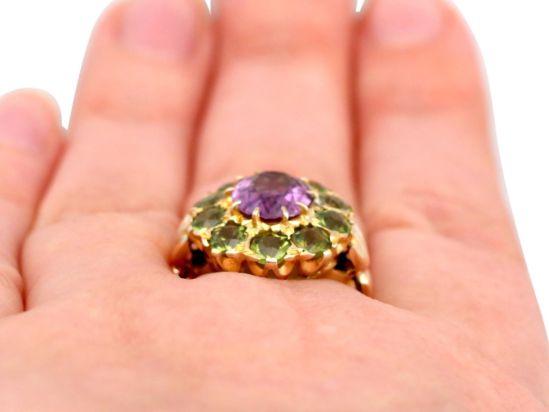 2.41 Carat Amethyst and 2.56 Carat Peridot Yellow Gold Cocktail Ring Circa 1890 For Sale 2