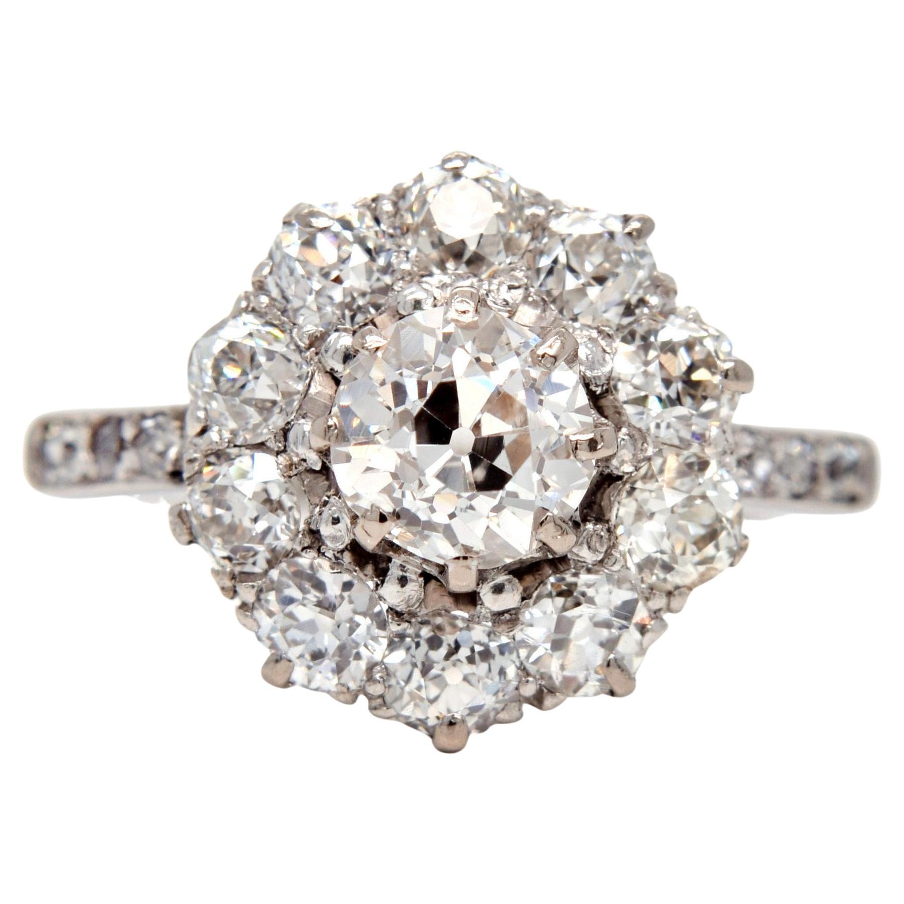 Antique 2.41ct old European cut diamond cluster ring For Sale