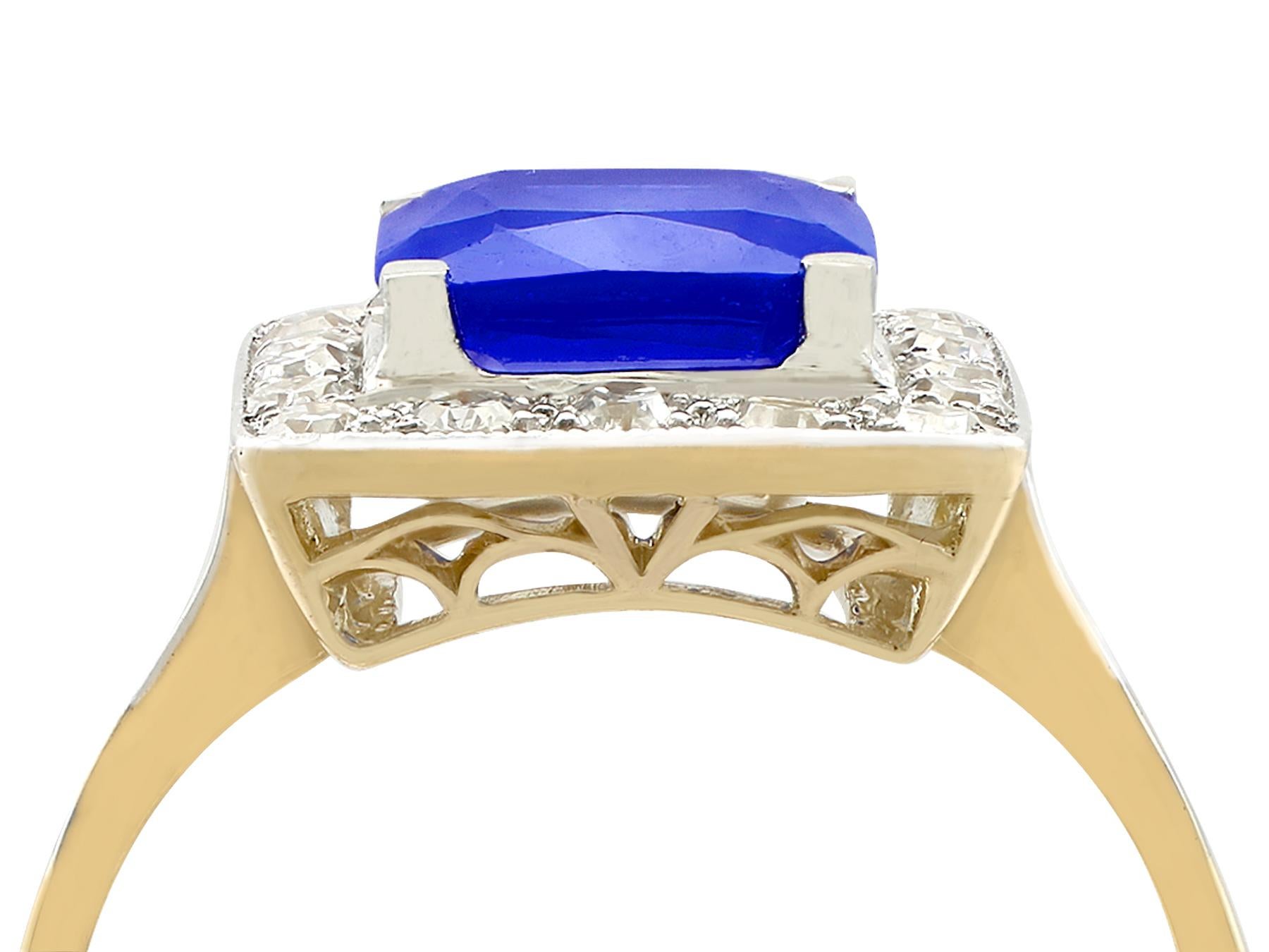 An impressive antique 2.44 carat ceylon blue sapphire and 0.40 carat diamond, 18 karat yellow gold and platinum set dress ring; part of our diverse antique jewellery and estate jewelry collections.

This fine and impressive antique sapphire ring has