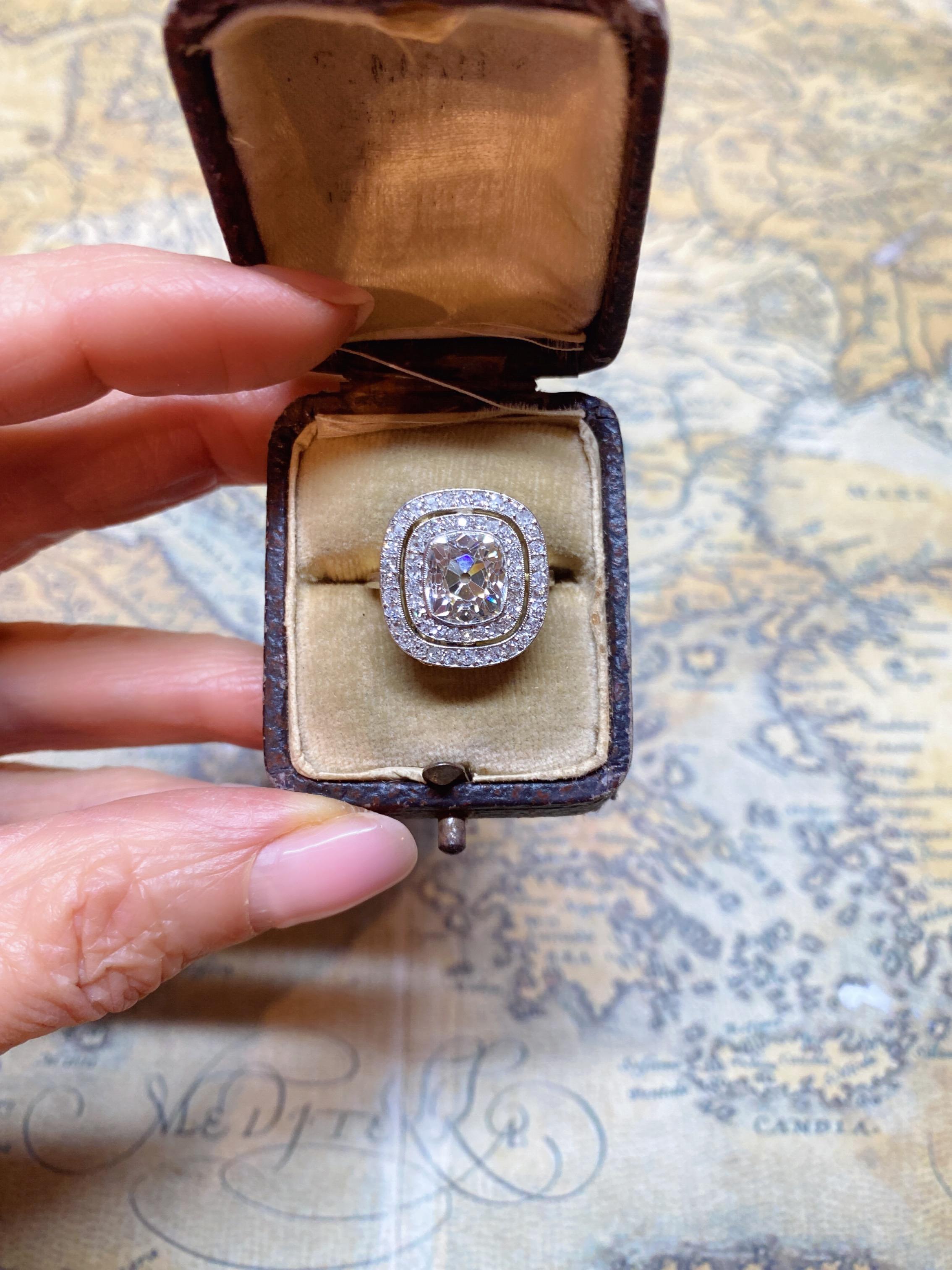 Antique 2.45 Carat Old Mine Cushion Cut Diamond Double Halo Ring For Sale 2