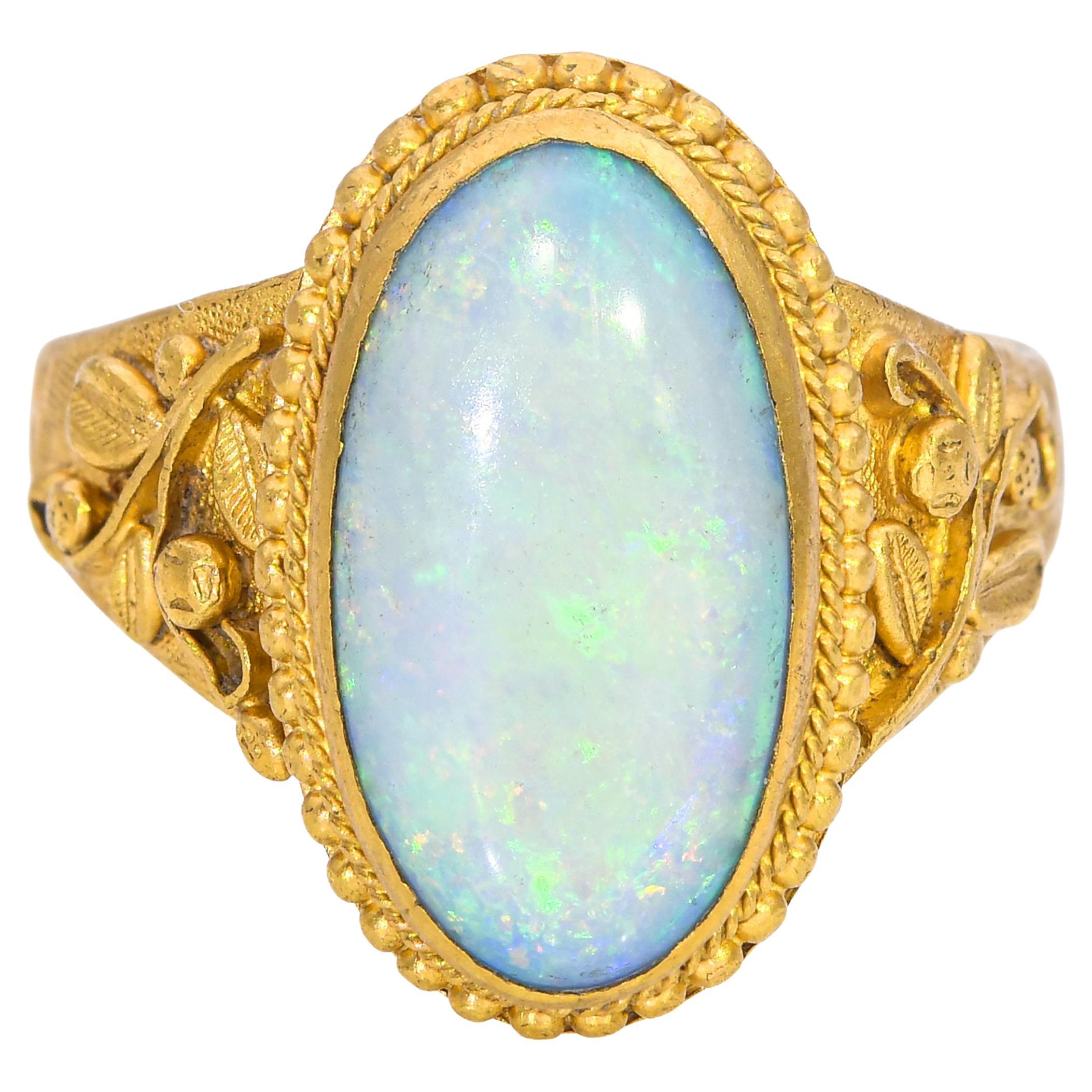 Antique 24k Yellow Gold 3.10ct Australian Opal Floral Ring