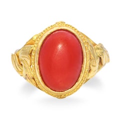 Antique 24k Yellow Gold Asian Oxblood Coral Ring