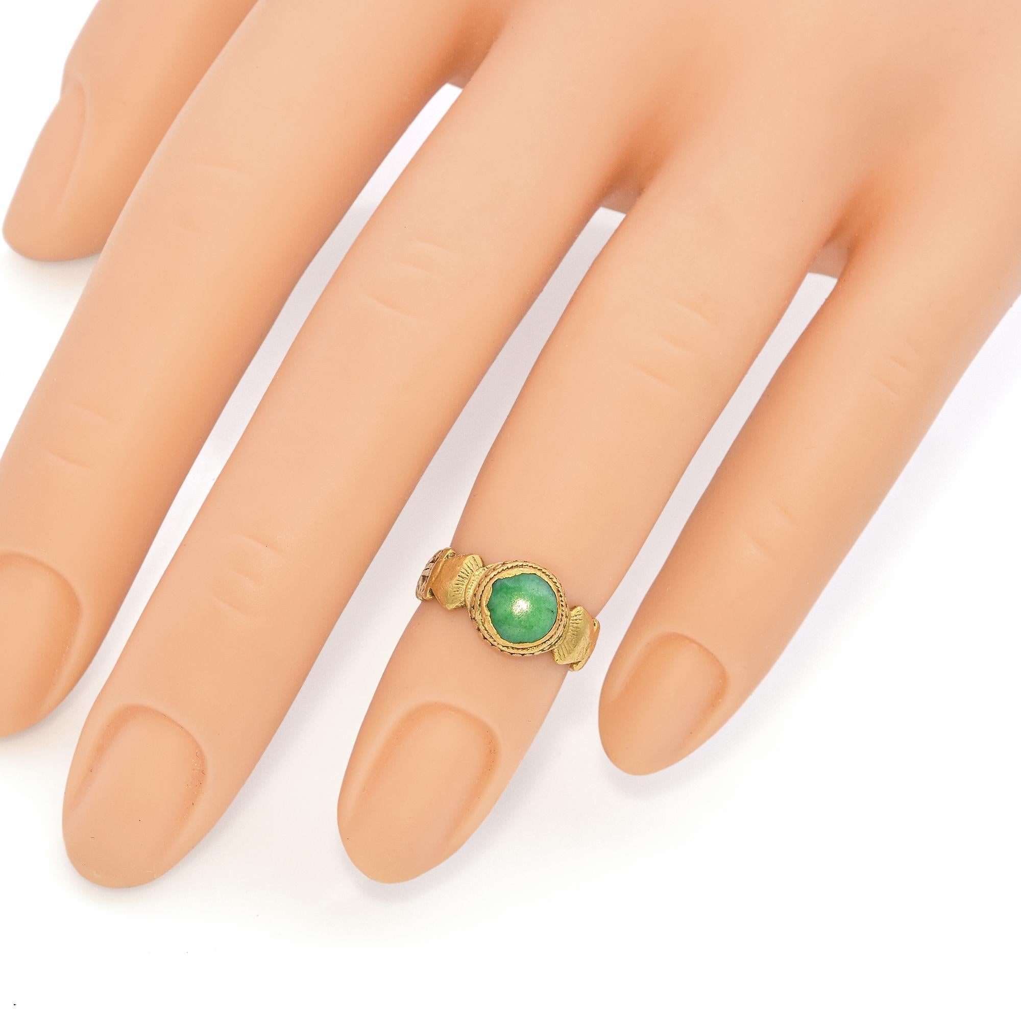 Cabochon Antique 24k Yellow Gold Green Jade Ring For Sale