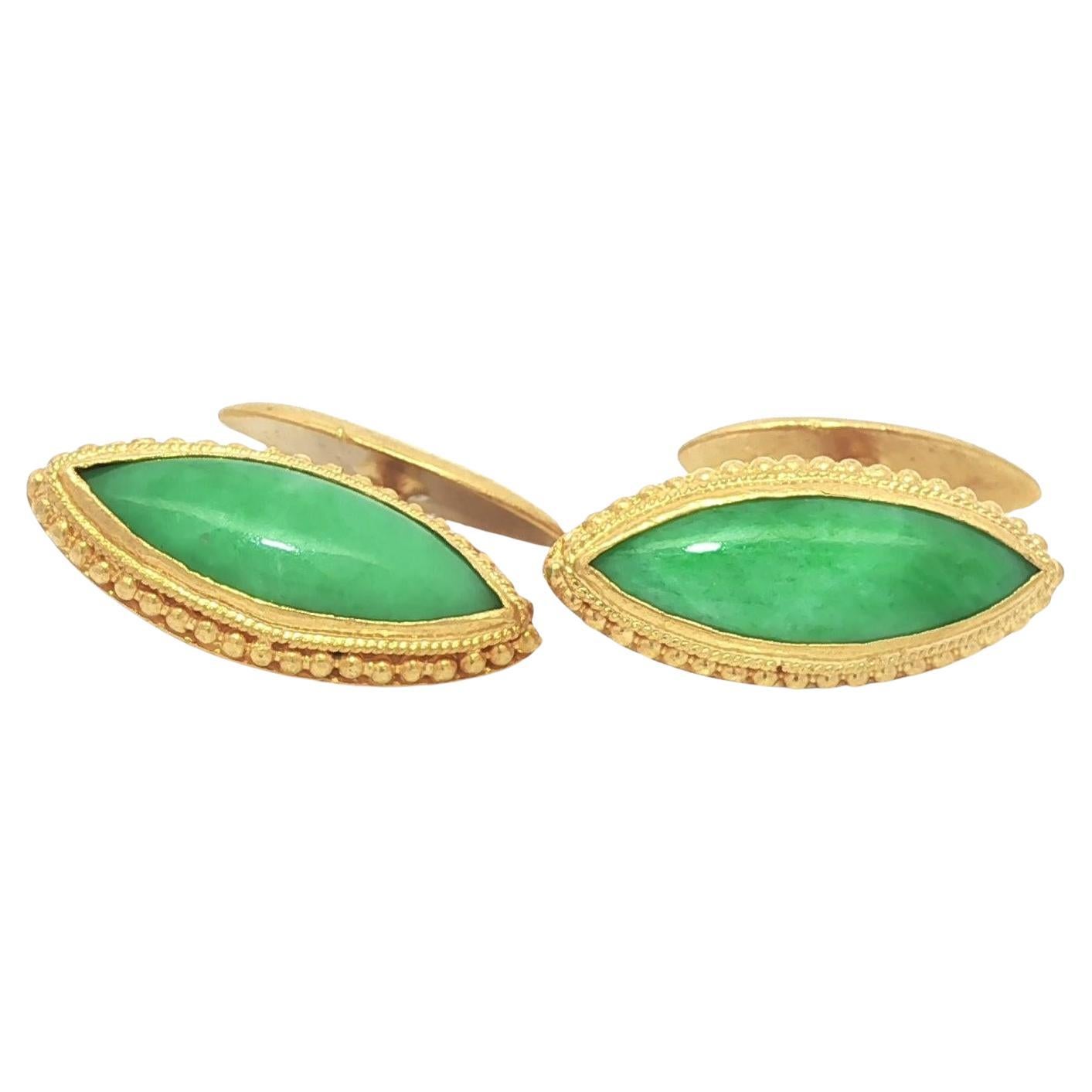 Antique 24k Yellow Gold Marquise Cabochon Bezel Jade Chinese Cufflinks