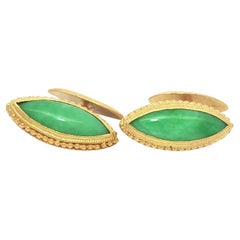 Antique 24k Yellow Gold Marquise Cabochon Bezel Jade Chinese Cufflinks