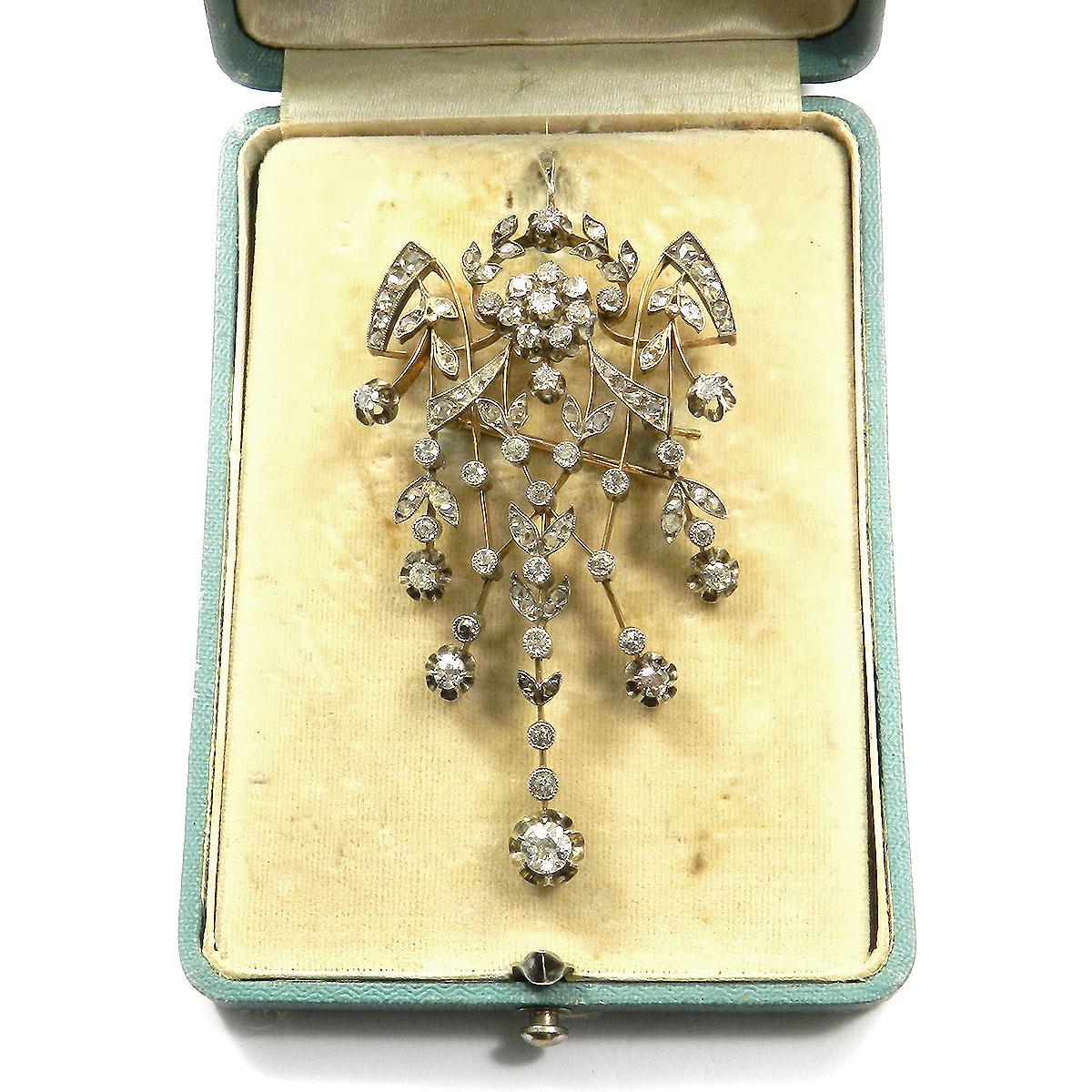 Antique 2.5 carat diamond Gold Pendant Brooch “Devant de Corsage” Moscow circa 1910

This decorative, openwork brooch can als o be worn as a pendant,  featuirng a central rosette, garland, leaf and ribbon motifs is completely set with 67 old