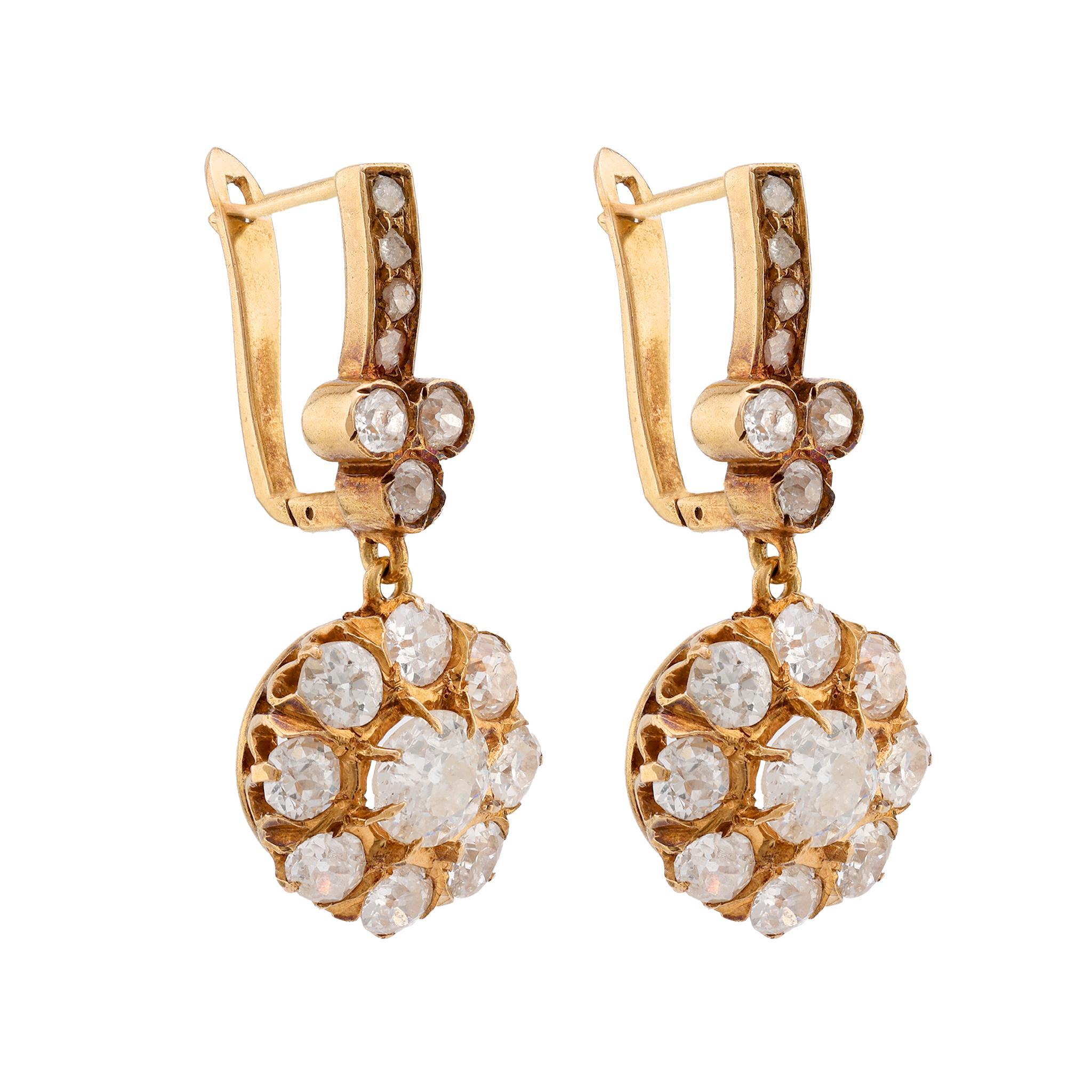 Victorian Antique 2.5 Carat Total Weight Diamond 18K Yellow Gold Drop Earrings
