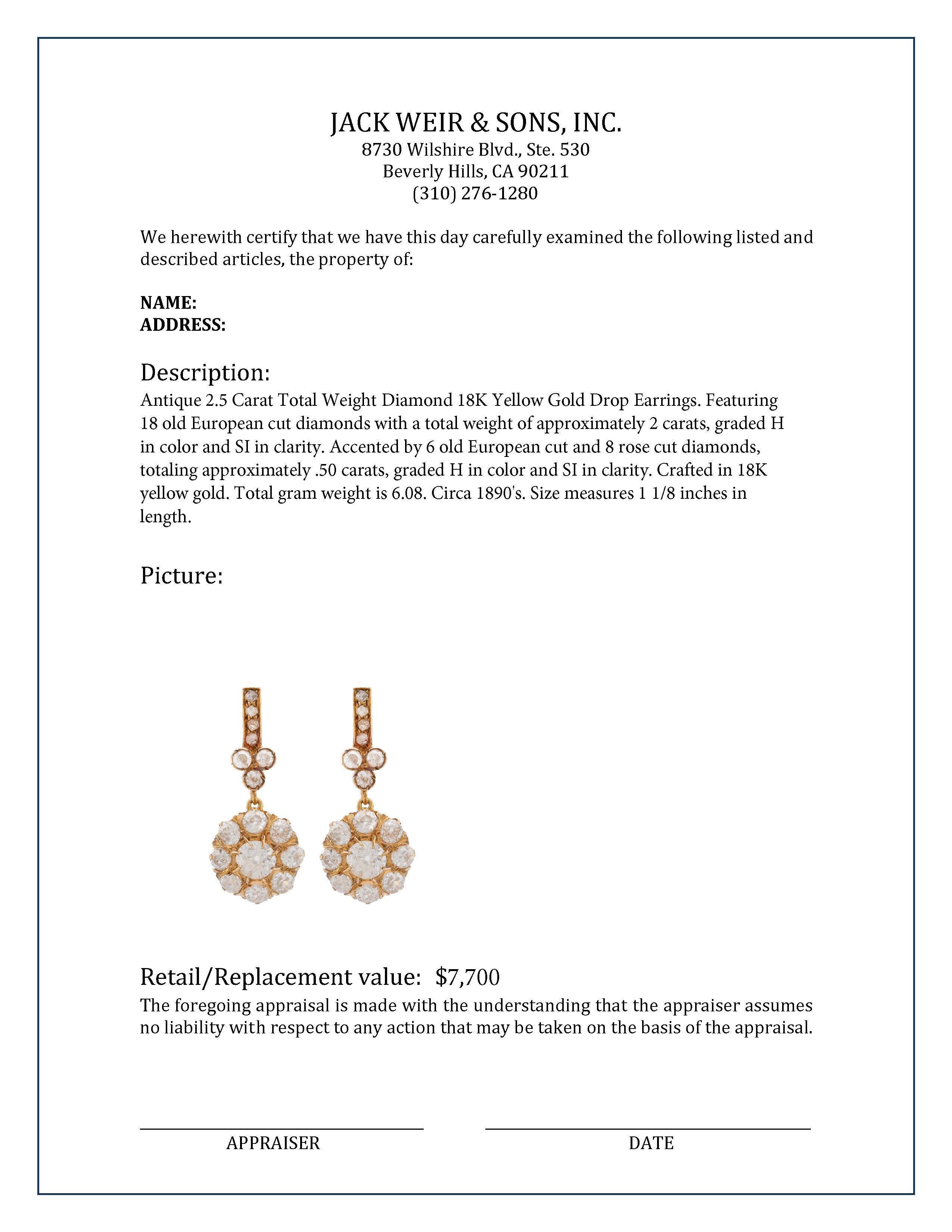 Antique 2.5 Carat Total Weight Diamond 18K Yellow Gold Drop Earrings In Excellent Condition In Beverly Hills, CA