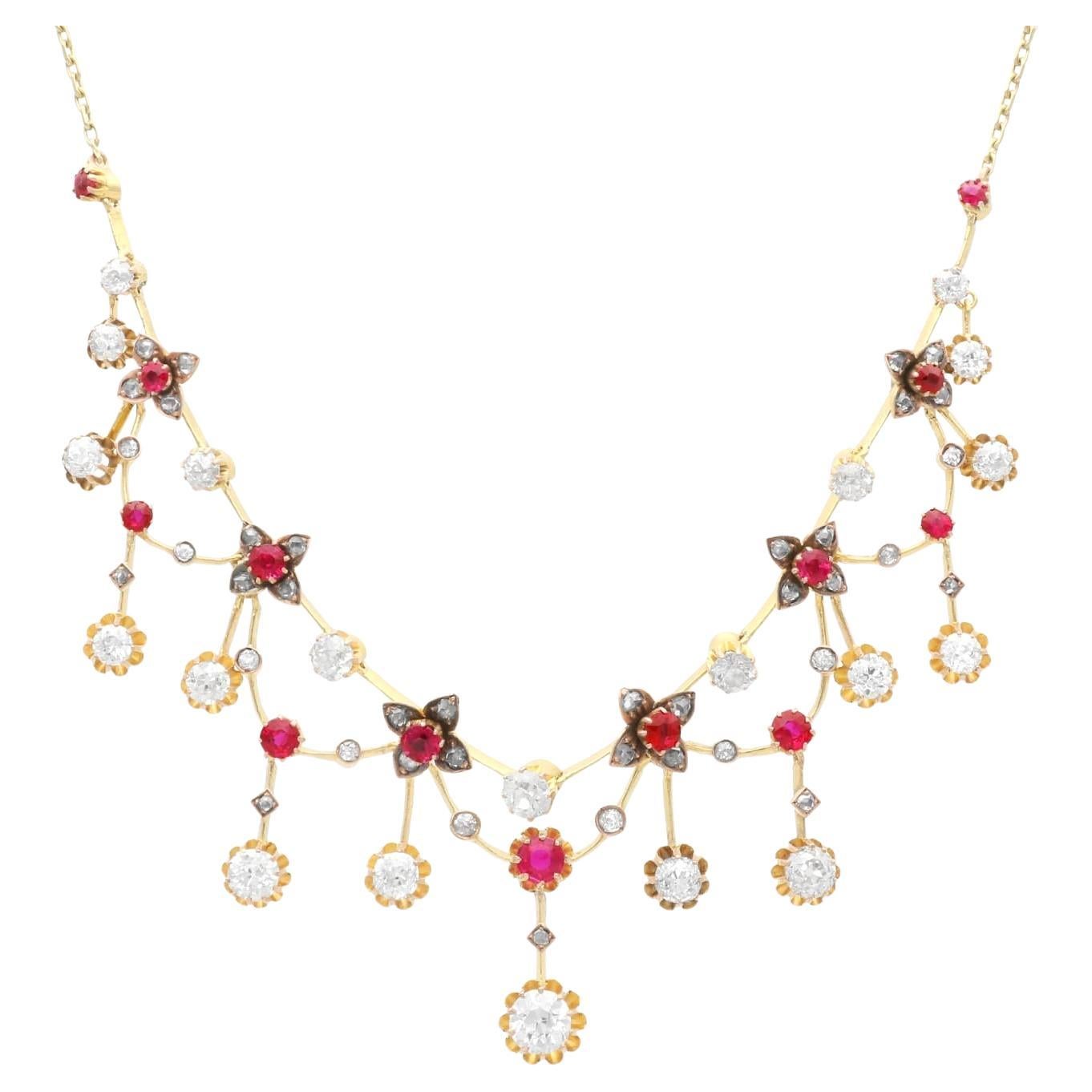 Collier ancien en or jaune 18k, rubis 2,50 carats et diamant 4,70 carats Circa 1890
