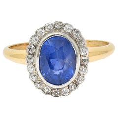 Antique 2.50 CTW No Heat Ceylon Sapphire Diamond Platinum 14K Gold Halo Ring GIA