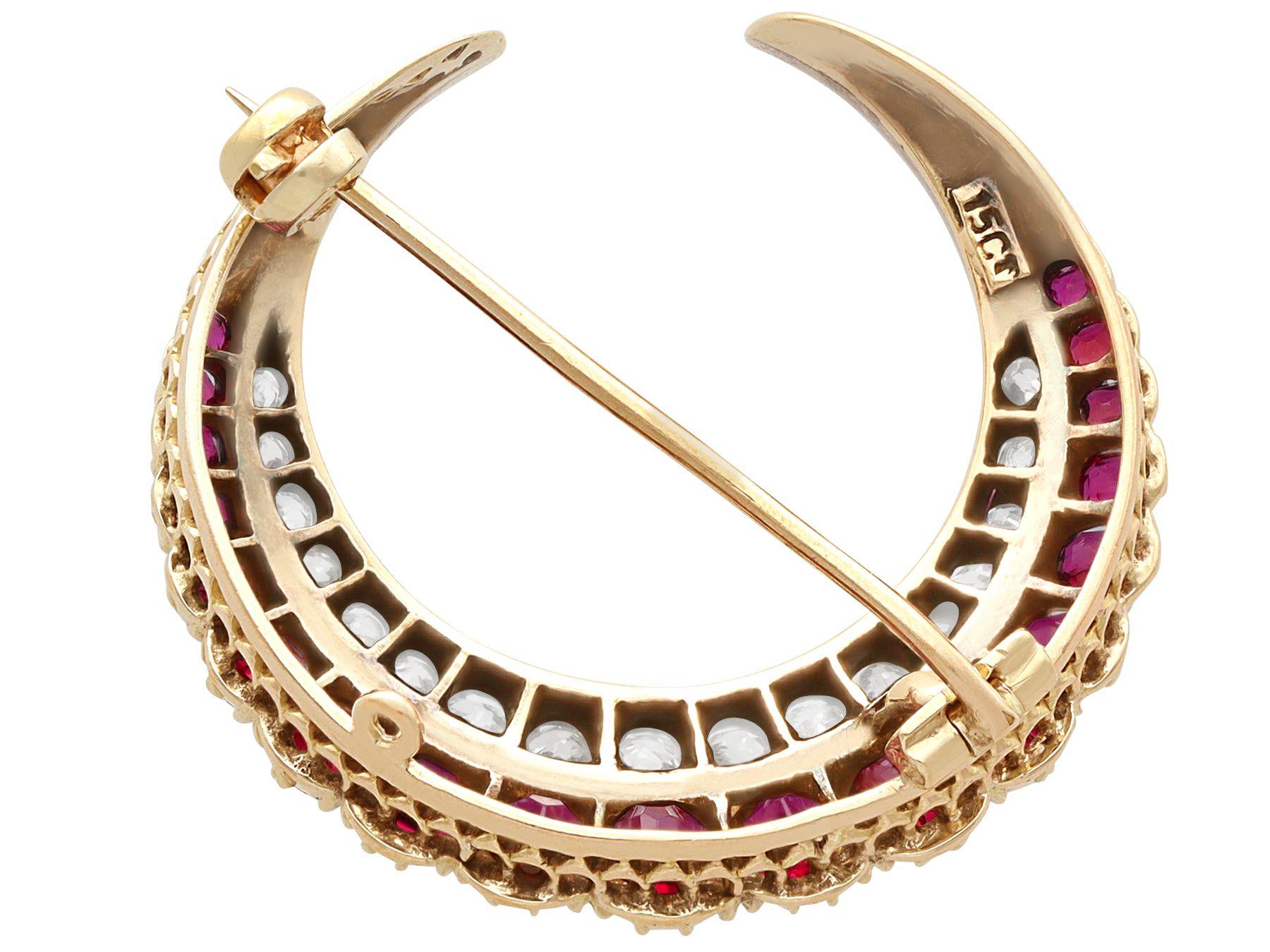Women's or Men's Antique 2.50 Ct Ruby Diamond Yellow Gold Crescent Brooch For Sale