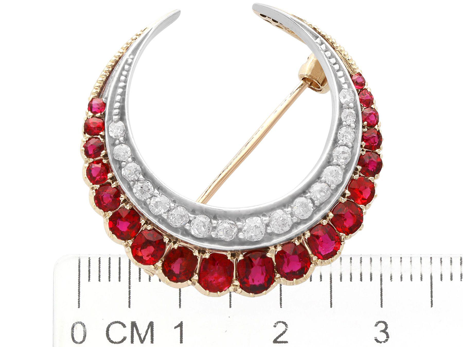 Antique 2.50 Ct Ruby Diamond Yellow Gold Crescent Brooch For Sale 1