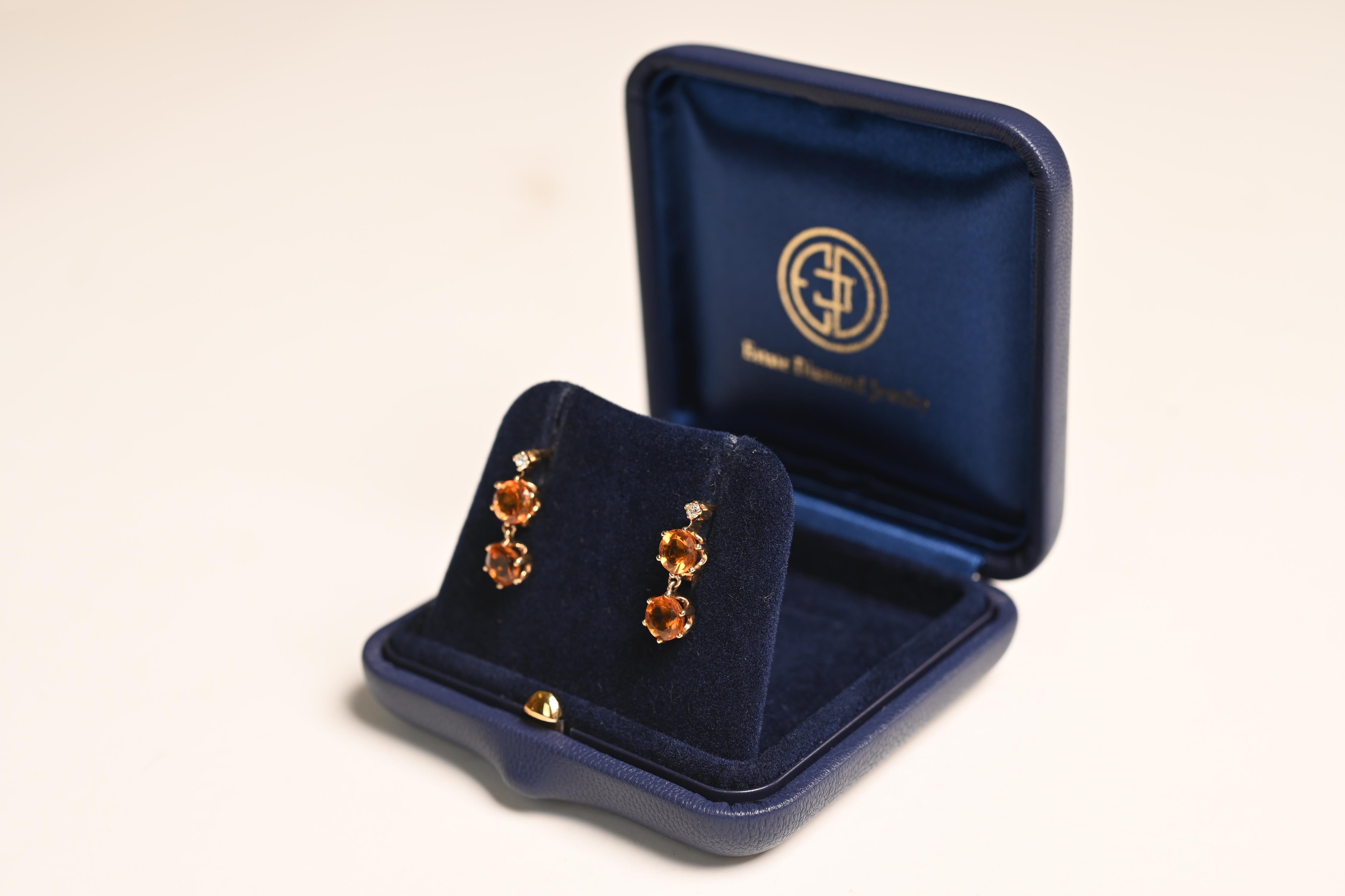 Victorian Antique 2.52ct Round Citrine and Diamond Earrings, 14K Yellow Gold, Circa 1880 For Sale