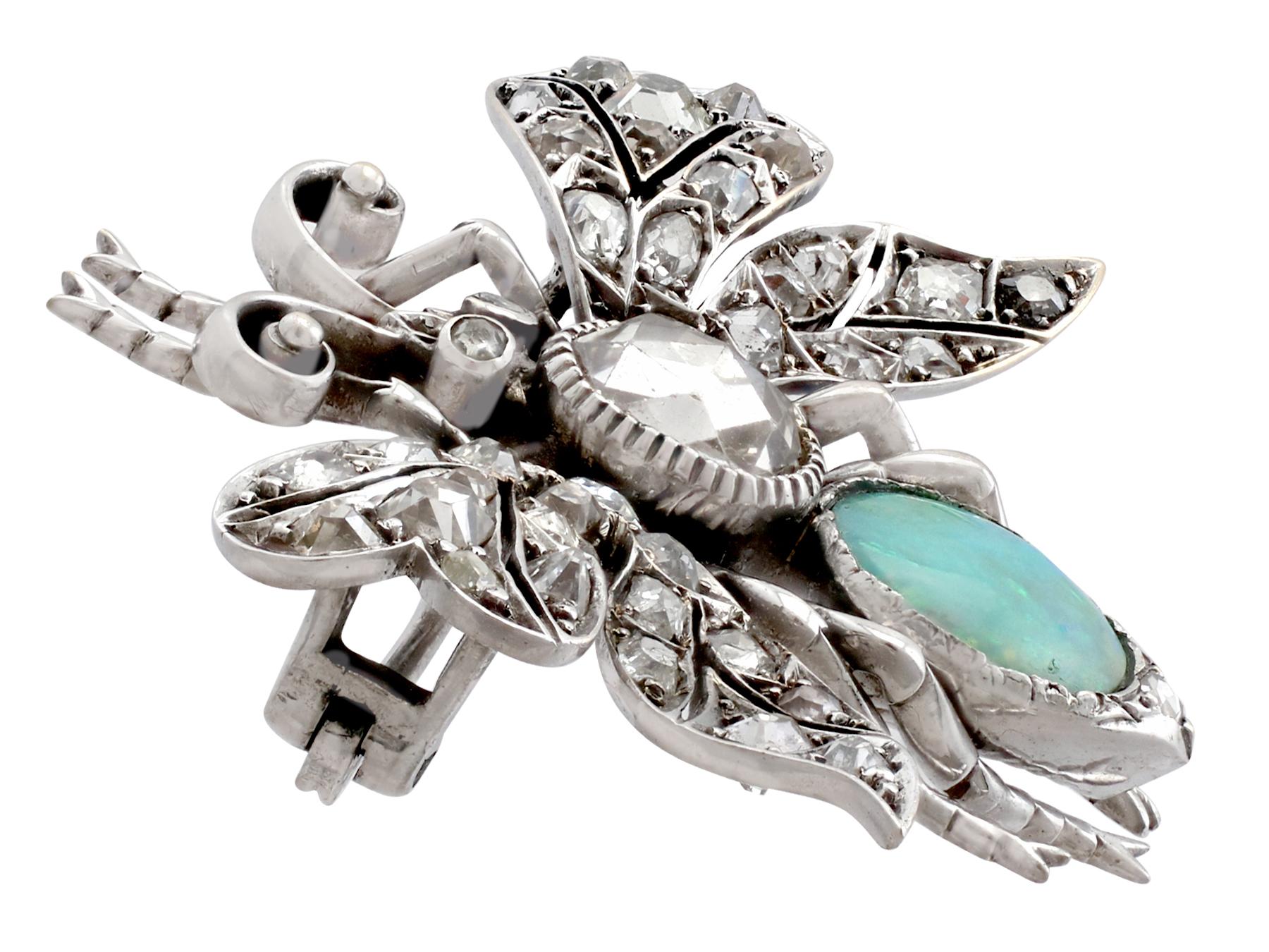 Victorian Antique 2.53 Carat Diamond and Opal Insect Brooch