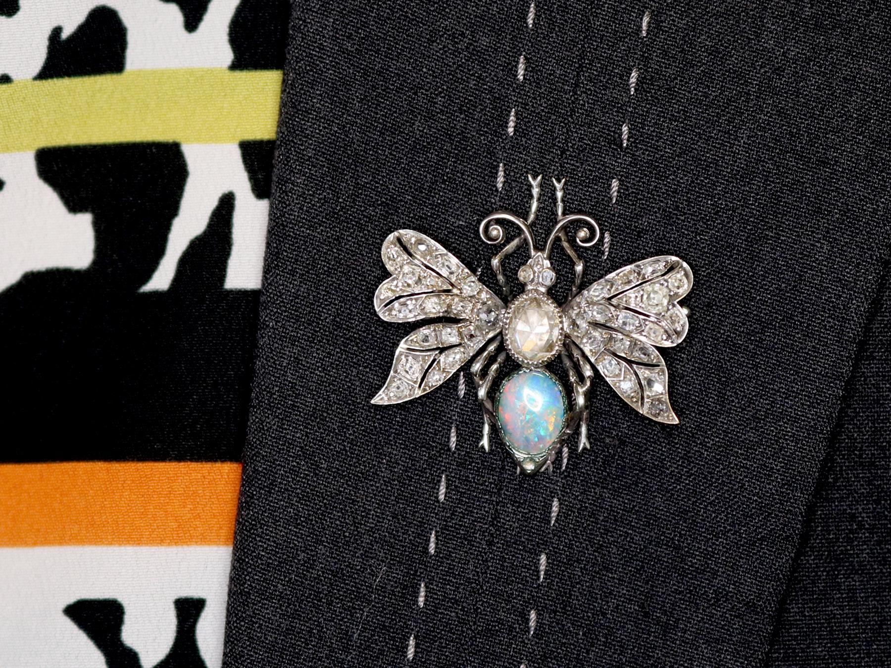 Antique 2.53 Carat Diamond and Opal Insect Brooch 3