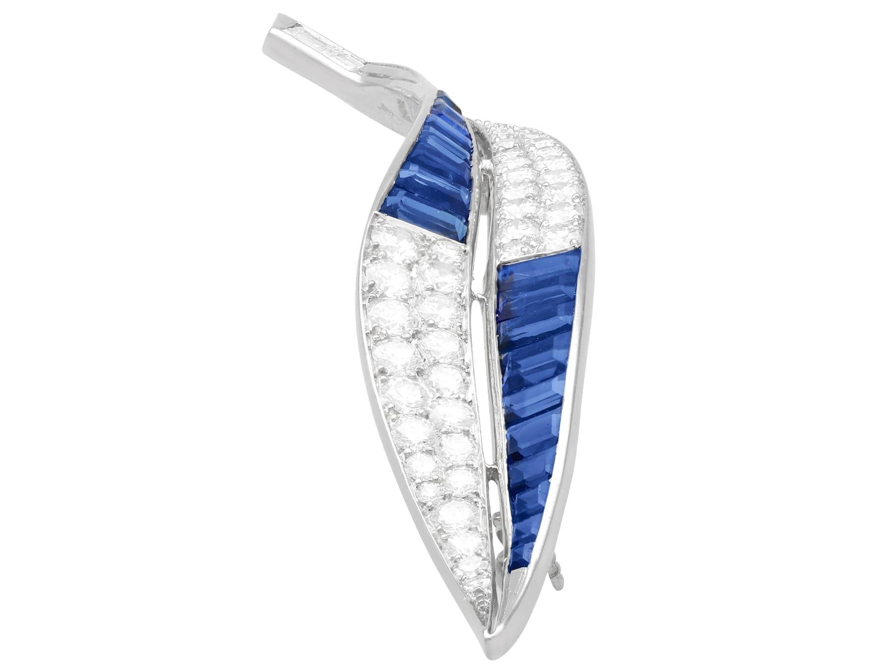 Women's or Men's Antique 2.54Ct Sapphire, 3.25Ct Diamond and Platinum Leaf Brooch Circa 1930 For Sale