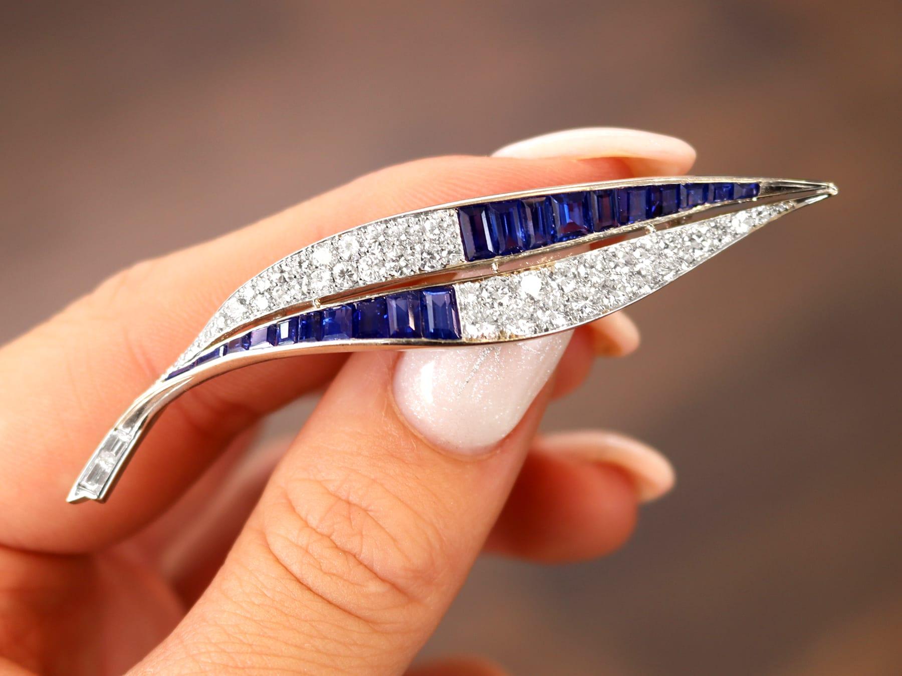 Mixed Cut Antique 2.54Ct Sapphire, 3.25Ct Diamond and Platinum Leaf Brooch Circa 1930 For Sale