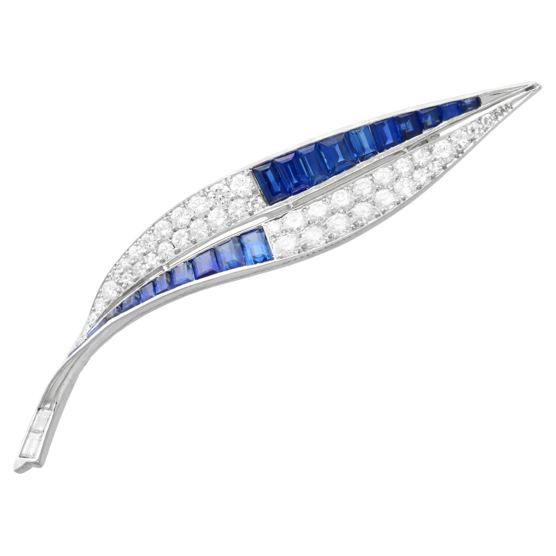 Antique 2.54Ct Sapphire, 3.25Ct Diamond and Platinum Leaf Brooch Circa 1930