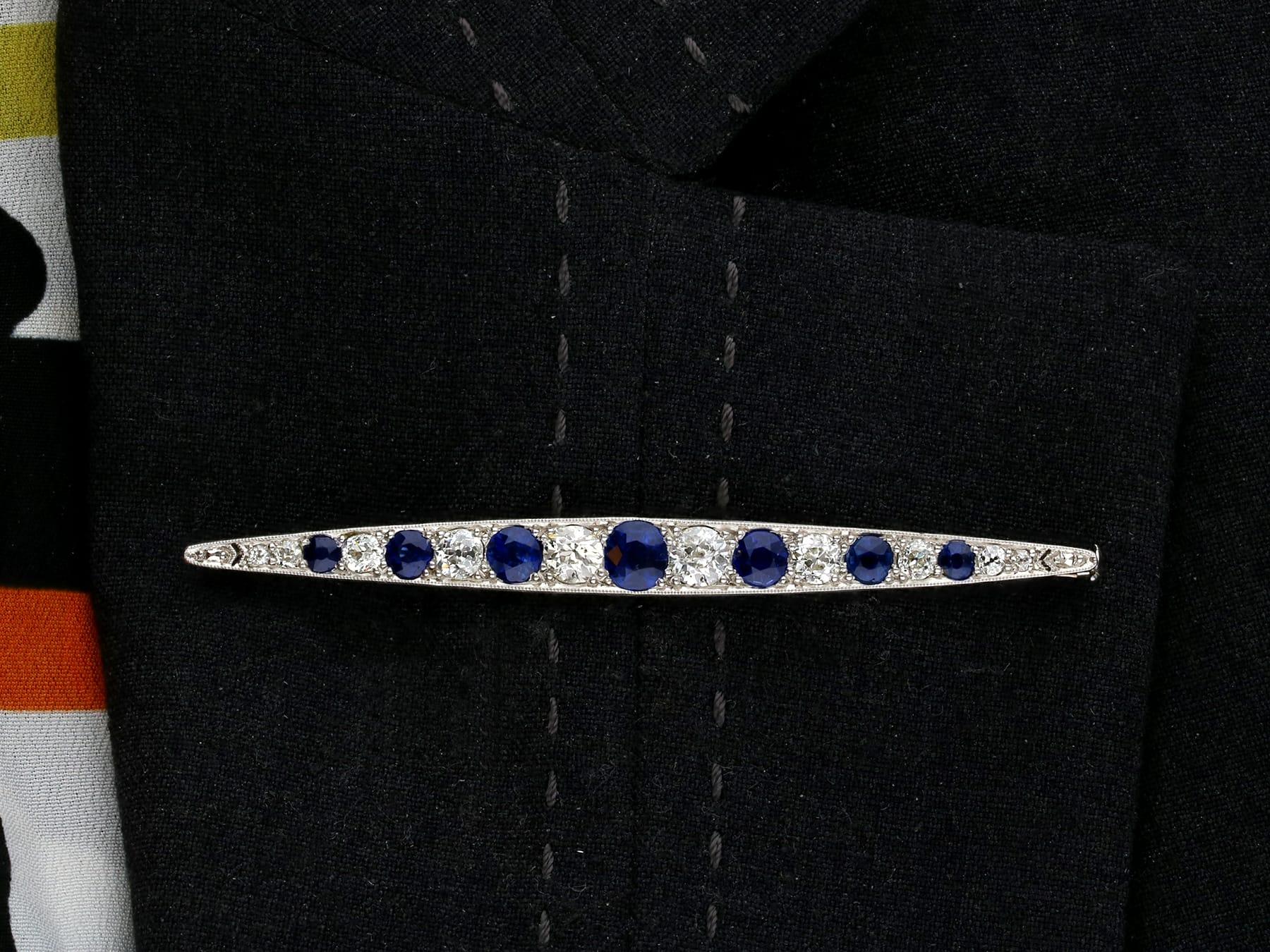Antique 2.55 Carat Sapphire and 2.28 Carat Diamond White Gold Bar Brooch For Sale 5