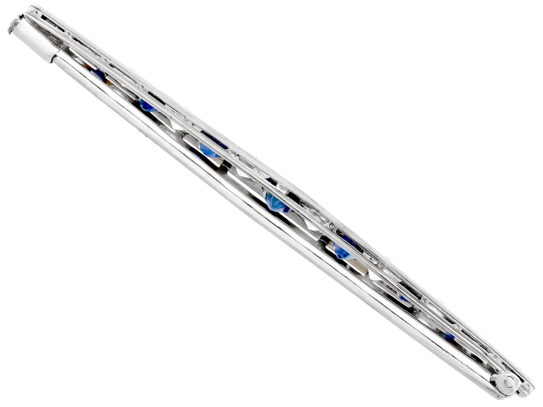Women's Antique 2.55 Carat Sapphire and 2.28 Carat Diamond White Gold Bar Brooch For Sale