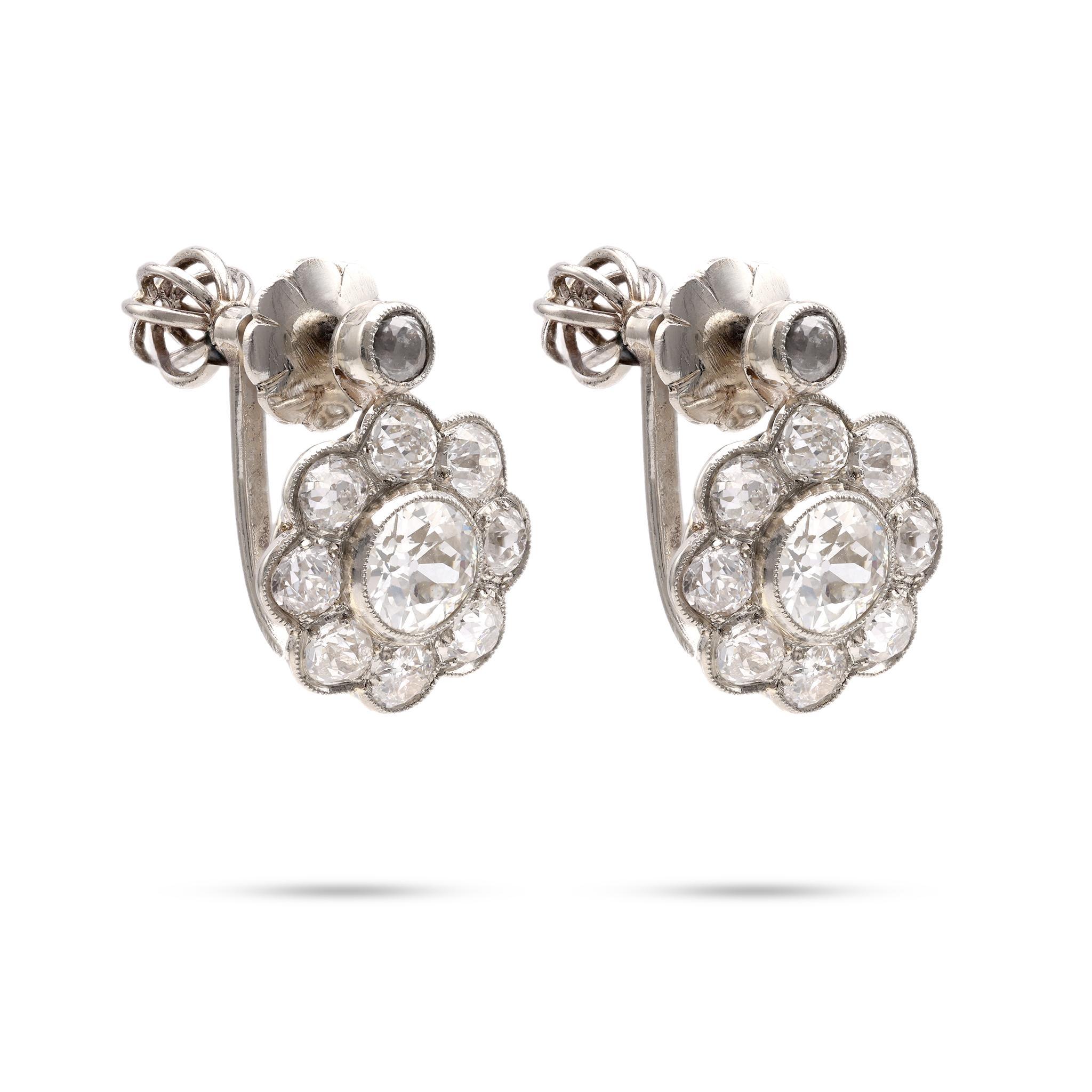 Edwardian Antique 2.6 Carat Diamond Platinum Cluster Earrings For Sale