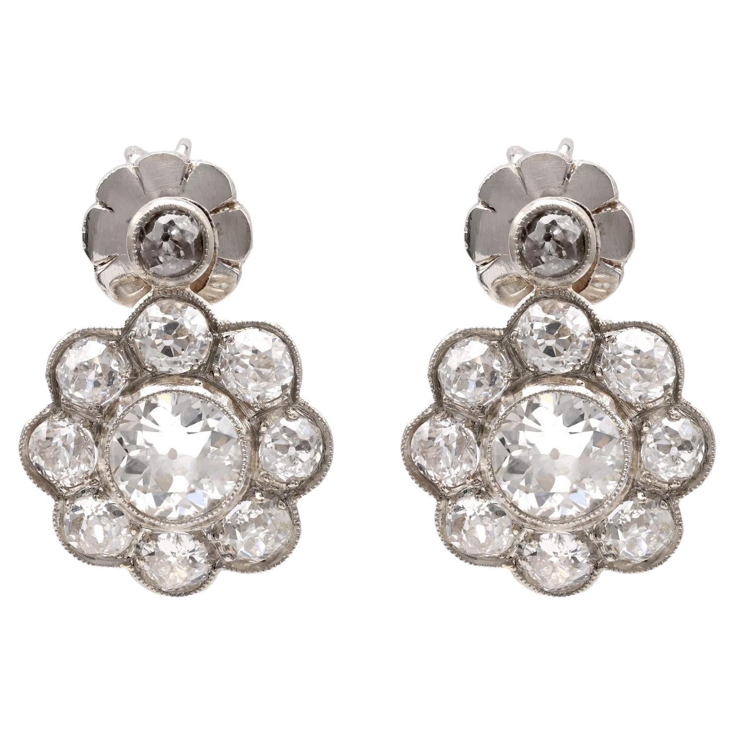 Antique 2.6 Carat Diamond Platinum Cluster Earrings For Sale