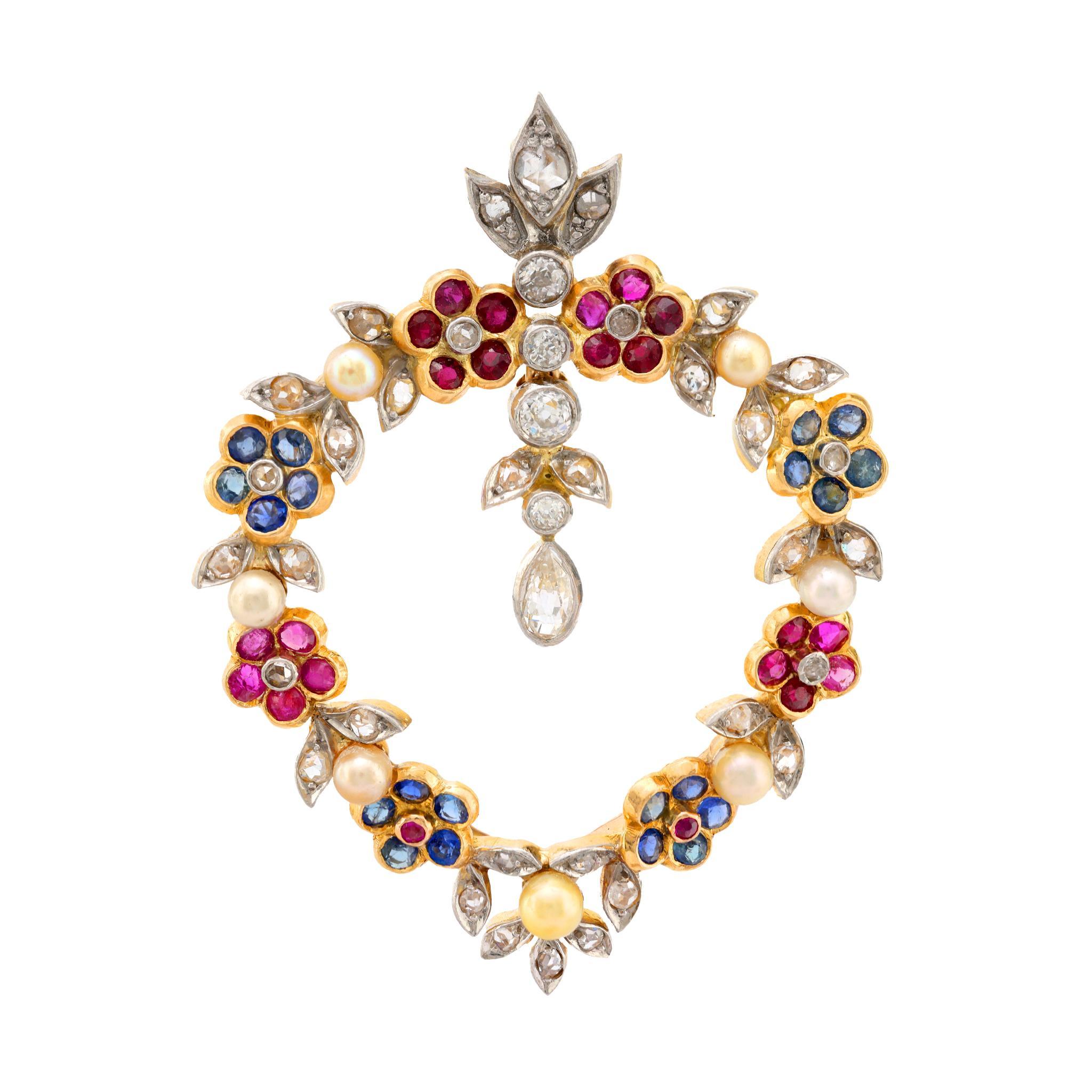 Antike 2,60 Gesamtgewicht Edelstein Perle 18k Gelbgold florale Brosche im Zustand „Hervorragend“ in Beverly Hills, CA