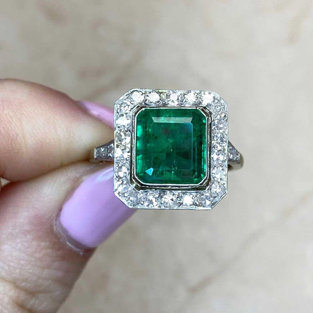Antique 2.62ct Columbian Emerald Engagement Ring, Diamond Halo, 18k Yellow Gold 4