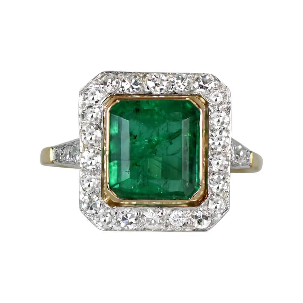 Emerald Cut Antique 2.62ct Columbian Emerald Engagement Ring, Diamond Halo, 18k Yellow Gold