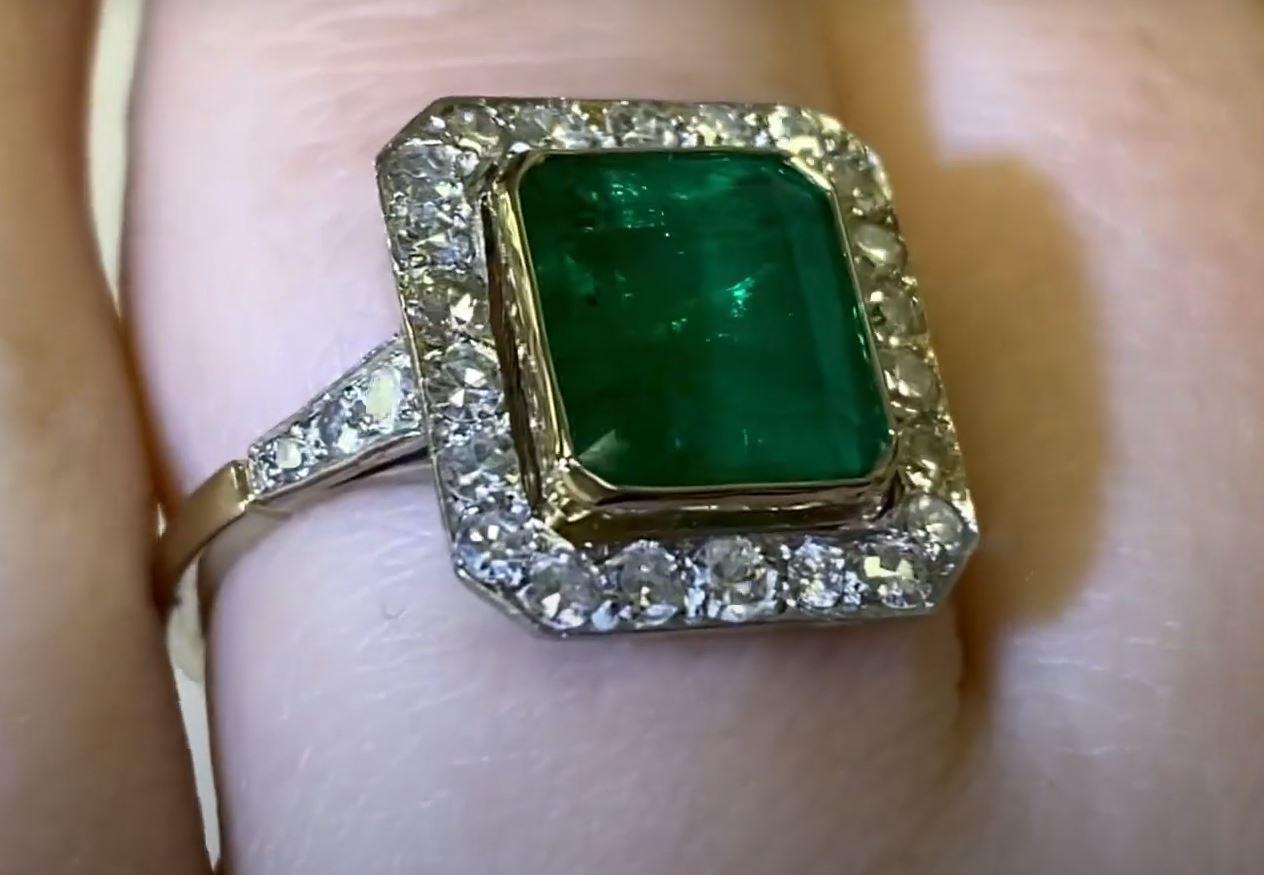 Women's Antique 2.62ct Columbian Emerald Engagement Ring, Diamond Halo, 18k Yellow Gold